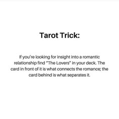 a white card with the words tarot trick written in black and white on it