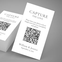 two business cards with qr code printed on the front and back, one for capture the love