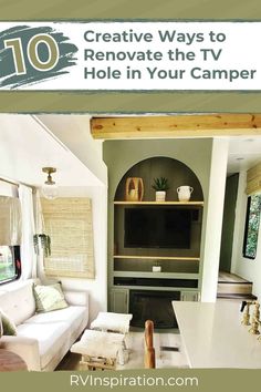 Those who purchase older RVs can find our camper feels a little awkward and out of date. One common question we hear in the RV Inspiration Facebook group is, “What do we do with our camper TV hole?” Well, “camper TV hole” might be awkward to say, but it doesn’t have to be an awkward space in your RV. Here are ten creative ways to make use of your camper TV hole. #rvrenovation #rvinspiration Camper Entertainment Center Remodel, Rv Tv, Tiny Library, Entertainment Center Redo, Hidden Tv