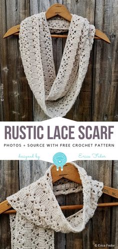 an image of a crocheted scarf hanging on a wooden fence with text overlay that says rustic lace scarf