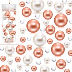 a bunch of white and pink pearls next to a glass with some water in it