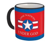 a red, white and blue coffee mug with the words one nation under god