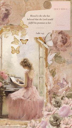 a woman sitting at a piano in front of a window with butterflies flying around her