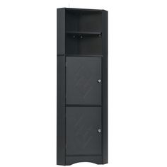 a tall black cabinet with two doors on one side and an open door on the other