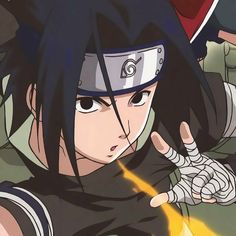 an anime character with black hair pointing at something