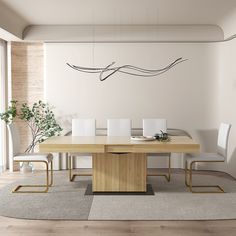 a modern dining room with white chairs and a wooden table surrounded by beige rugs