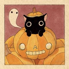 a black cat sitting on top of a pumpkin with a ghost in the sky behind it