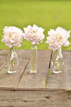 three clear vases with pink flowers in them on a wooden table outside by some grass