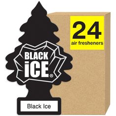 a cardboard box with black ice stickers on it