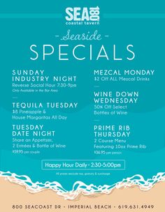 an advertisement for sea side specials on the beach