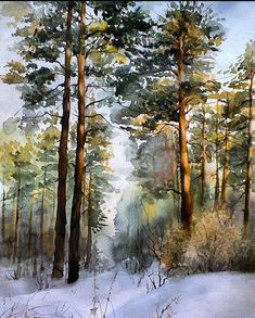 a painting of trees and snow in the woods