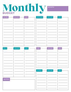 a printable planner with the words, month and budget