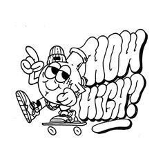 a cartoon character riding a skateboard in front of a wall with graffiti on it