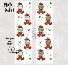 a pair of christmas socks with an image of a baby in santa's hat