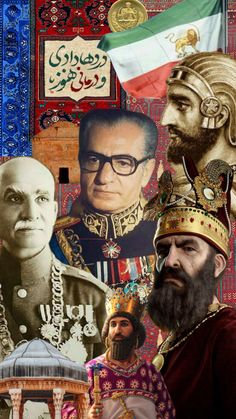 the collage shows many different people in their historical costumes and headgear, including men with beards