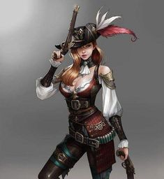 LOVE everything about the arms. The off shoulder flowy sleeves with the metal thing and the leather wrist wraps Pirate Gunslinger, Steampunk Gunslinger, Steampunk Character, Steampunk Characters, Steampunk Pirate, Leather Armor