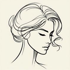 a black and white drawing of a woman's face with her hair blowing in the wind