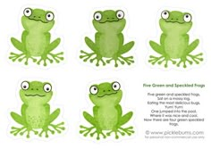 four green and speckled frog stickers with eyes, ears, and legs in different positions