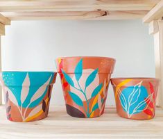 three flower pots sitting on top of a wooden shelf