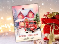 a christmas card with an old red truck in the snow