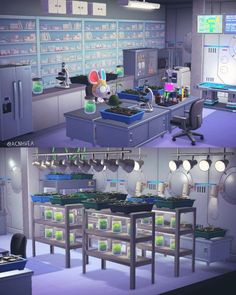 two pictures of the inside of a lab with lights on and shelves full of laboratory supplies