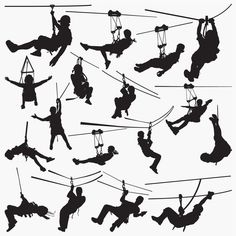 silhouettes of people hanging on ropes in the air, one man is falling off