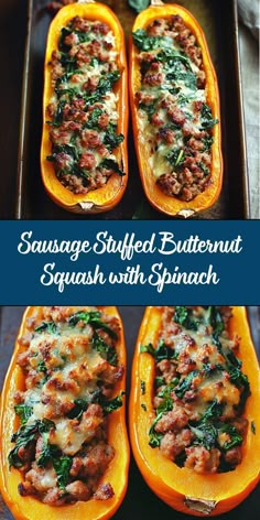 sausage stuffed butternut squash with spinach is an easy and healthy side dish recipe