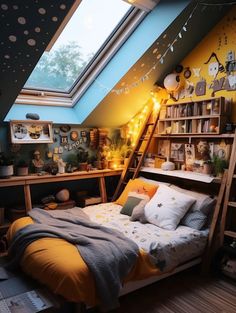 an attic bedroom with a loft bed, ladder and bookshelf