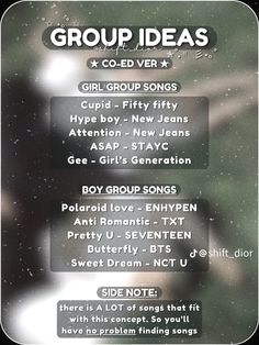 an advertisement for group ideas with the names on it