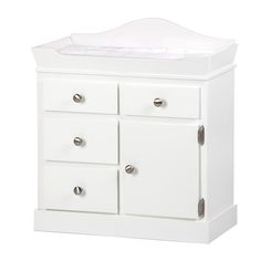 a white baby changing table with drawers