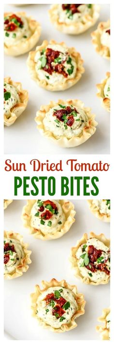 sun dried tomato pesto bites with cheese and herbs on top, in small pies