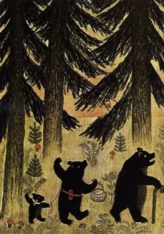 two bears in the woods playing with a dog on a leash and another bear holding a stick