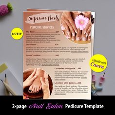 2-page PEDICURE Nail Salon Menu Template | Nail Salon Price List Template | Pedicure Services Menu  (TEMPLATE ONLY) This listing is for the EDITABLE TEMPLATE. You can edit this template using a FREE Canva Account. YOU WILL GET: 1. A PDF with a link to a template in Canva  2. A template has 2-pages  3. The pages size is set to 8.5"X11" (You cannot change the size) WHAT YOU CAN EDIT: * Text Color * Text Size * Fonts * Add Your Logo or edit the name of the salon in the template * Round Photos. Chan Pedicure Services, Summer Pedicure, Attract Clients