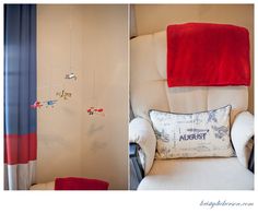 a chair with a red blanket on it next to a photo of a child's room