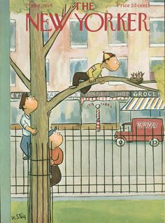 the new yorker magazine cover shows two children climbing up a tree in front of a building