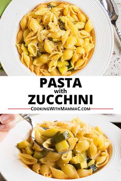 pasta with zucchini in a white bowl