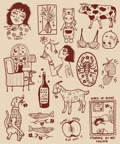 an image of various drawings on paper with animals and people in them, including a woman holding