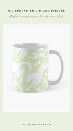 a green and white coffee mug with the words die schonsten vintage - designs on it