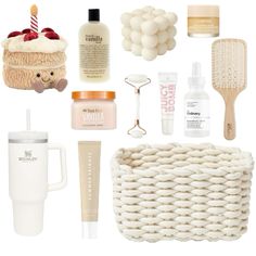 the contents of a beauty product displayed on a white background, including hair brush, body lotion, and other items