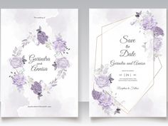 two wedding cards with purple flowers and leaves on the front, one is in watercolor