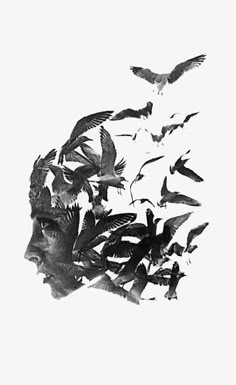 a woman's head surrounded by birds in black and white