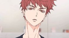 an anime character with red hair wearing a black t - shirt and looking at the camera