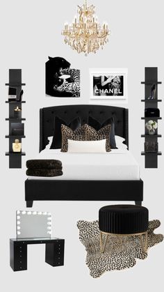 a black and white bedroom with leopard print accessories