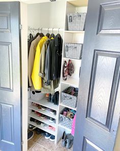 an open closet with clothes and shoes on the shelves next to two doors that lead into another room