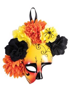 Accentuate your Day of the Dead costume with this intricate costume mask featuring orange and yellow colors with black details and faux flowers around the top! Day Of The Dead Mask, Dead Costume, Mountain Tattoo Simple, Costume Accessories Diy, Mountain Tattoo Design, Halloween Forum, Halloween Wishes, Fleur Orange, Jaune Orange