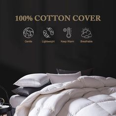 an image of a bed with white comforter and black walls in the background that says 100 % cotton cover