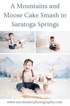 a baby sitting on the ground with a cake in front of him and text overlay that reads, a mountains and moose cake smash in saratoga springs