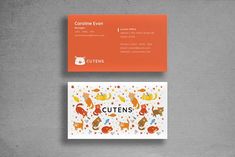 an orange business card with cartoon animals on it and the words utens written in black