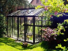 a small greenhouse in the middle of a yard