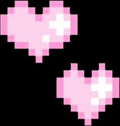 two pink hearts with white crosses are shown in this pixel art style pattern on a black background